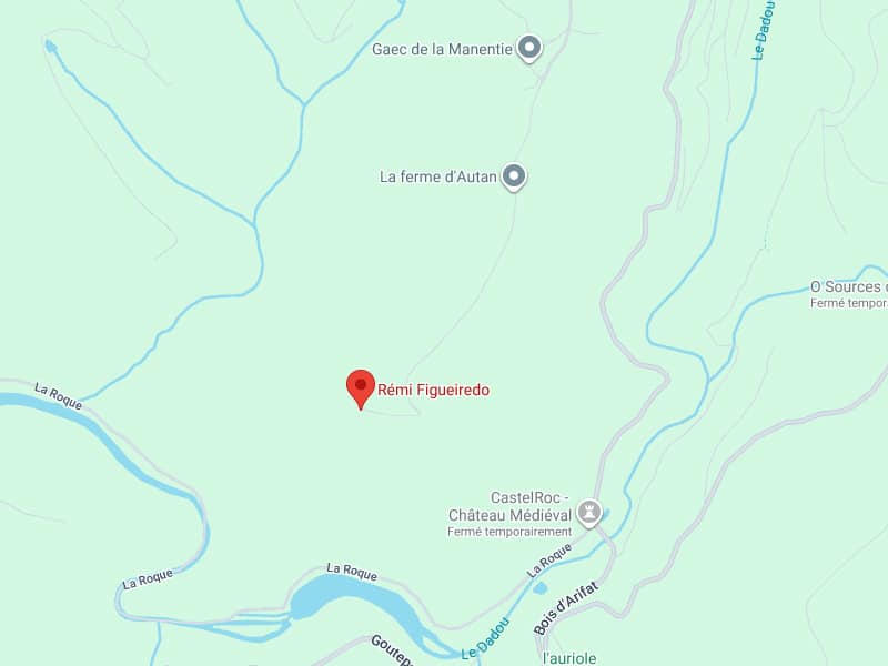 Rémi Figueiredo, CastelRoc et la vallée du Dadou Carte de localisation montrant Rémi Figueiredo, le Château Médiéval CastelRoc (fermé temporairement), le fleuve Le Dadou et La Roque.